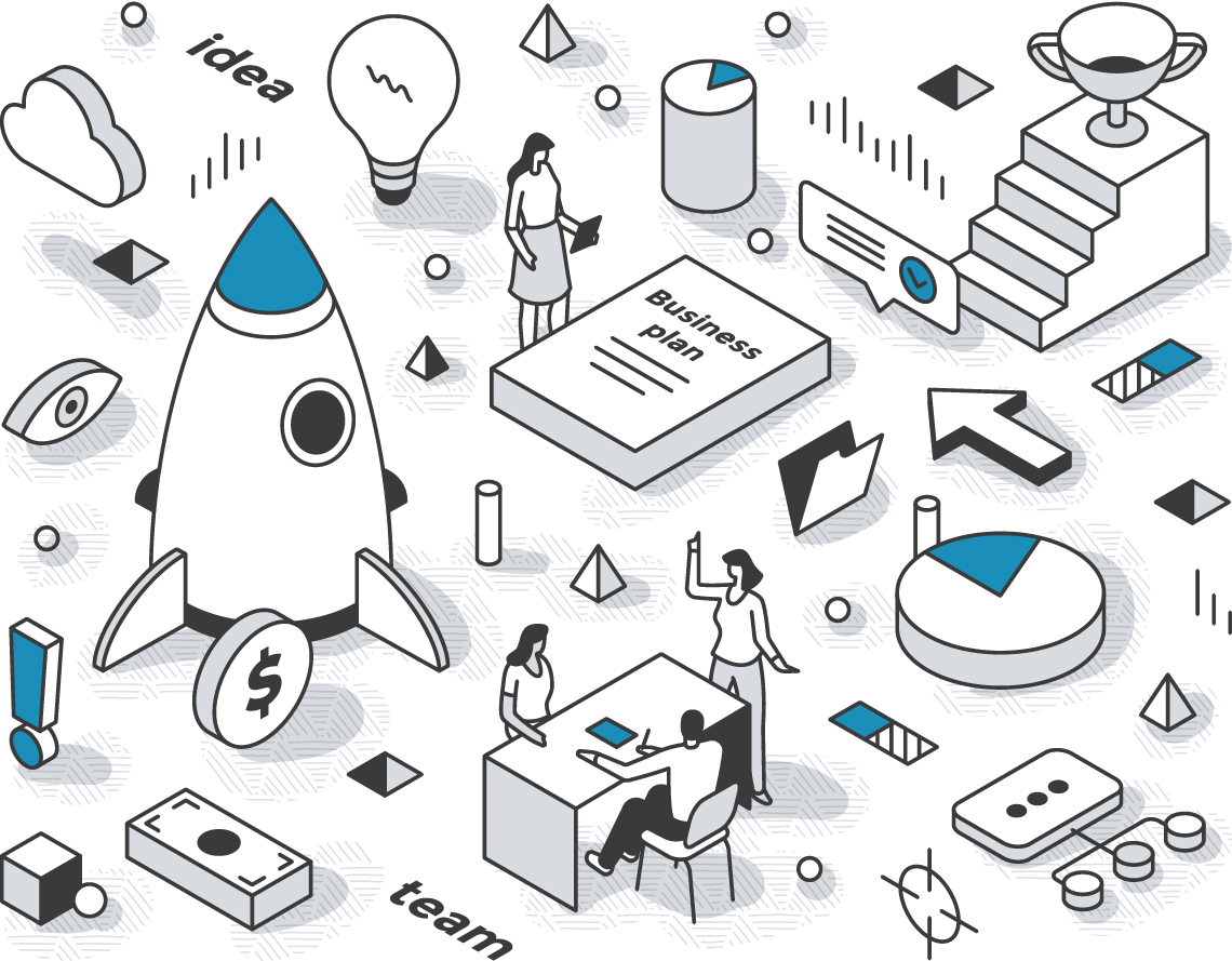 Clean and modern blue, black, white, and gray graphic illustration of small people interacting with large icons and terms relating to business, productivity, innovation, and success, including a trophy, business plan, rocket ship, coin, folder, flowchart, and team meeting.