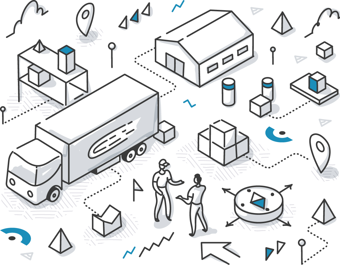 Clean and modern blue, black, white, and gray graphic illustration of two small people talking, surrounded by icons representing the printing and delivery process such as a truck, boxes, arrows, compass, distribution building, paths, a location marker, and others.